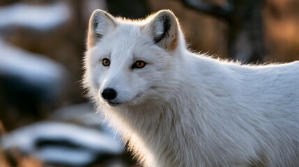Fototapeta premium A white fox with amber eyes gazes calmly in a snowy forest setting illuminated by soft golden light