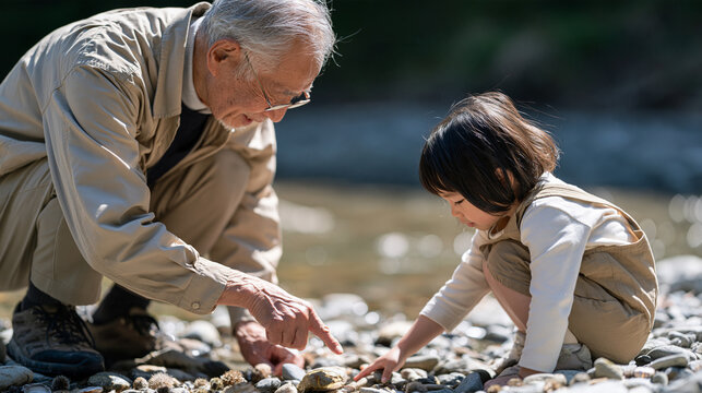 Elderly Japanese grandfather and small granddaughter crouched beside trickling forest stream, pointing at smooth river stones together, intergenerational bonding, nature