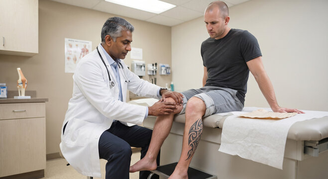 Doctor examining male athlete leg on treatment table in medical clinic