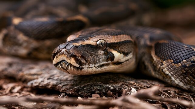 Close up of a python coiled on forest floor with detailed scales and focused eye  natural lighting  earthy tones  wildlife portrait