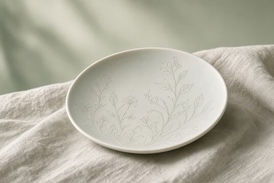 Elegante piattino in ceramica con delicati motivi floreali incisi, appoggiato su morbido tessuto di lino