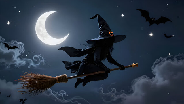 Spooky Halloween Witch Flying on a Broom over the Moon with Bats and Silhouette Vector Illustration