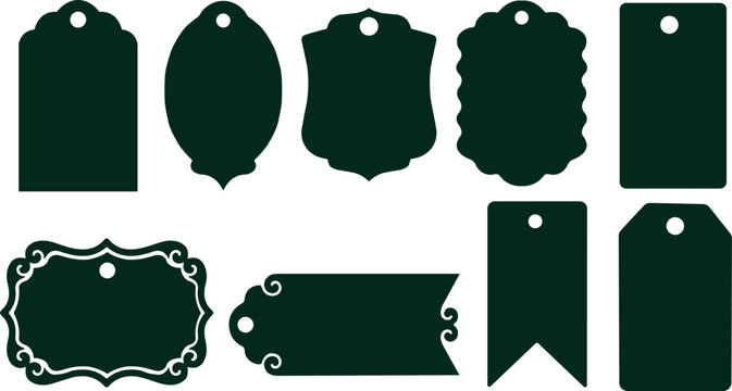 Set of dark green gift tags and labels with various shapes