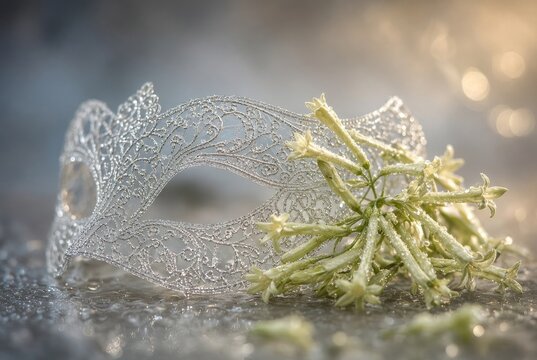 Elegante maschera in filigrana argentata con fiori delicati, gocce di rugiada e sfondo bokeh