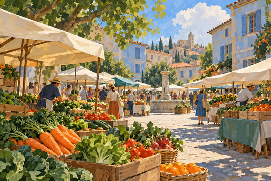 An open air produce market fills a small town square with vegetables and canvas stalls, celebrating local food, everyday connections and a slower pace of life. With soft light and broad strokes.