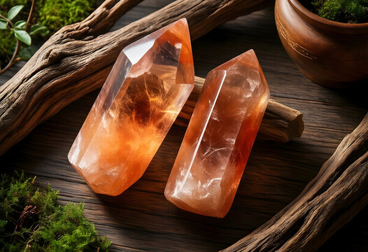 Mindfulness and spiritual healing, orange quartz crystal points with natural wood and moss for meditation and holistic wellness on a rustic dark table