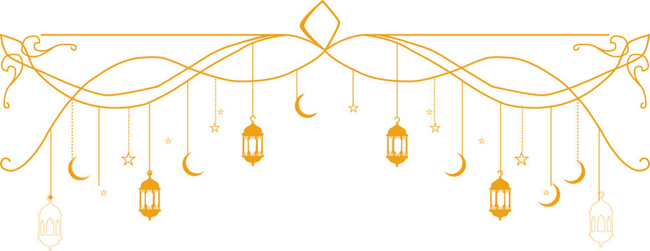 Golden Islamic lantern decoration with hanging crescent moons and stars