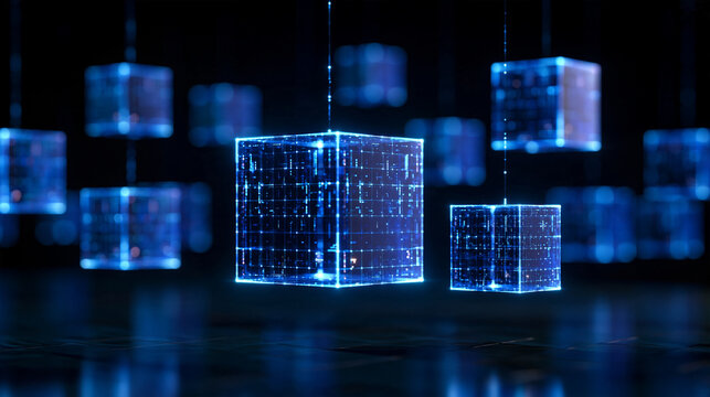 Abstract blockchain background with floating holographic cubes connected by luminous digital threads, decentralized network infrastructure, distributed ledger technology,