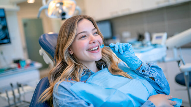 Woman reacting with surprise while inspecting her teeth using a dental mirror during a dental checkup, modern professional dentist office, examination lamp and dental instruments visible, clean ster