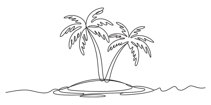 Two palm trees on a small tropical island line art drawing