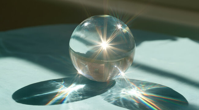 A clear crystal glass sphere on a soft mint blue table refracts the bright sunlight, creating a glow with a starburst and rainbow pattern of prismatic light caustics by the window
