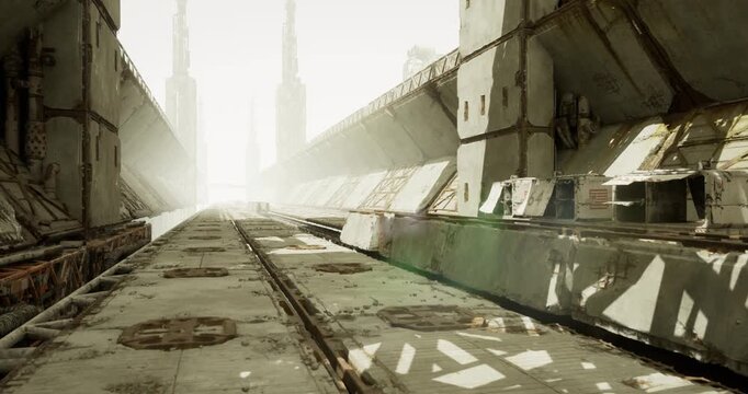 Empty sunlit industrial corridor leading to distant towers and hazy skyline, cracked concrete slabs and rusted metal panels, long vanishing perspective