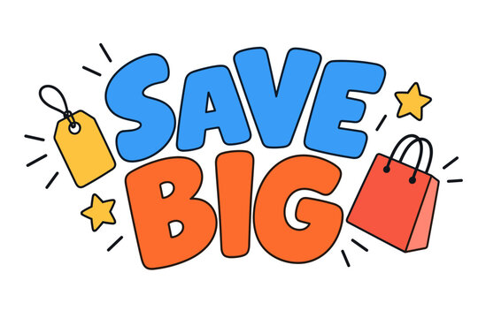 Save Big shopping discount lettering with bags and tag
