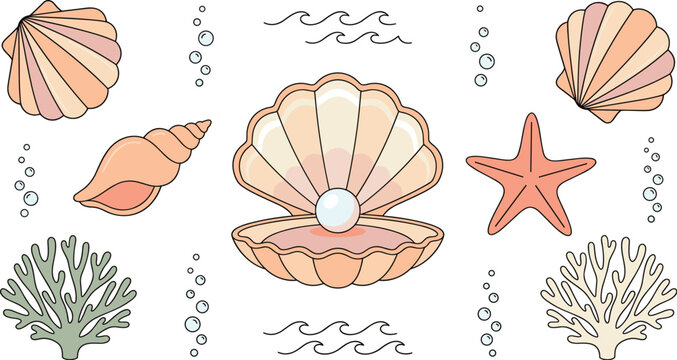 Ocean seashell under the sea vector element set featuring clam shell with pearl starfish coral branch bubbles and waves