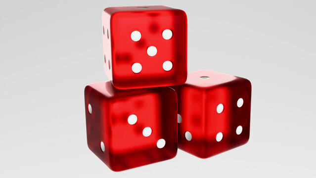 Three standard red, translucent, six-sided dice arranged in a pyramid shape on a white background. A pyramid of colored, six-sided dice.