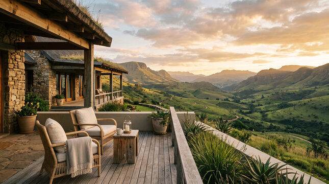 luxury wooden lodge terrace with scenic mountain view at dusk