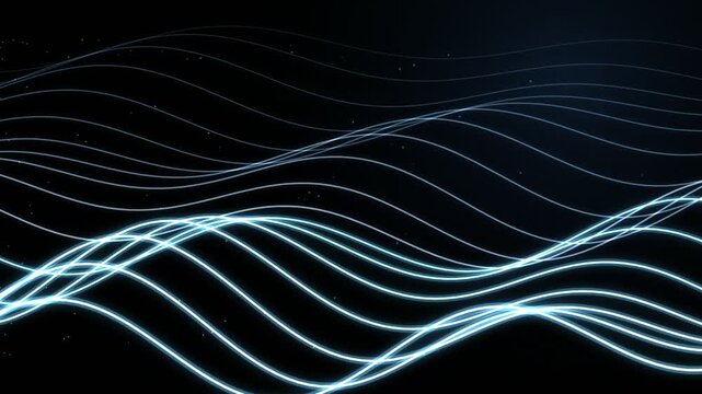 Abstract blue glowing light waves on black background