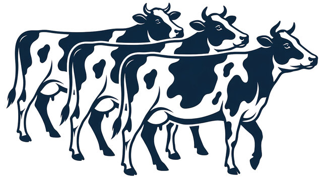 Cow Herd Illustration. Black and White Cattle Farm Group. Livestock Agriculture and Dairy Farming Concept. Detailed Line Art Vector Design