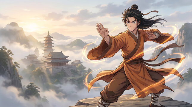 Anime style martial artist practicing kung fu on a mountain at sunrise