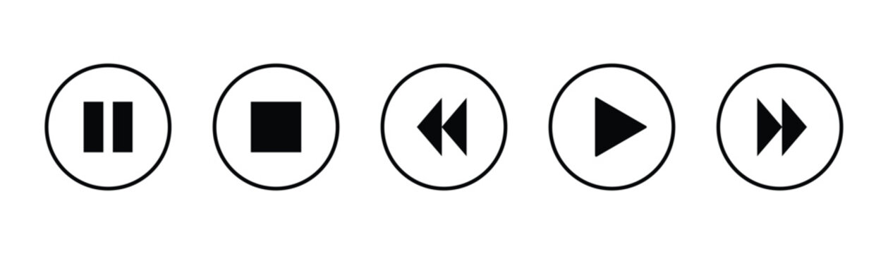 Circular media player control icon set including play pause stop rewind and fast forward buttons for video interface UI