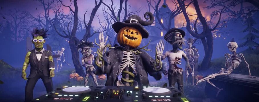 3D animation of a funny scarecrow DJ with a pumpkin head as skeletons and zombies dance at a Halloween party in a gothic haunted graveyard.