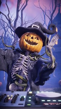 3D animation of a funny scarecrow DJ with a pumpkin head as skeletons and zombies dance at a Halloween party in a gothic haunted graveyard.
