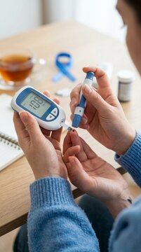 Close up of person using a glucose meter to check blood sugar levels for diabetes management tea cup and blue ribbon in background