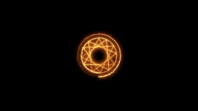 Glowing orange magic circle symbol animation, mystical occult ritual sign on black background