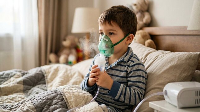 Child with nebulizer mask on bed inhaling medication for respiratory illness healthcare concept