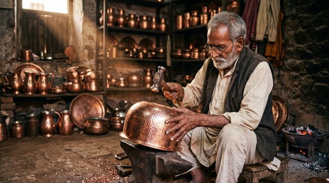 Elderly coppersmith hammering a copper pot in traditional workshop