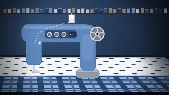 Denim blue sewing machine stitching polka dot fabric on navy