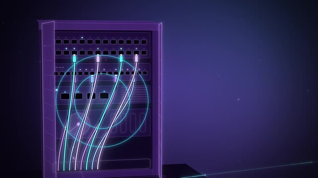 Violet network cabinet with glowing patch cables plugged into ports