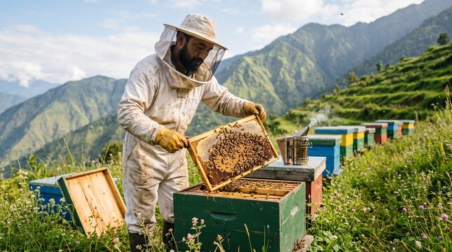 Beekeeper lifting honeycomb frame from wooden hive on hillside