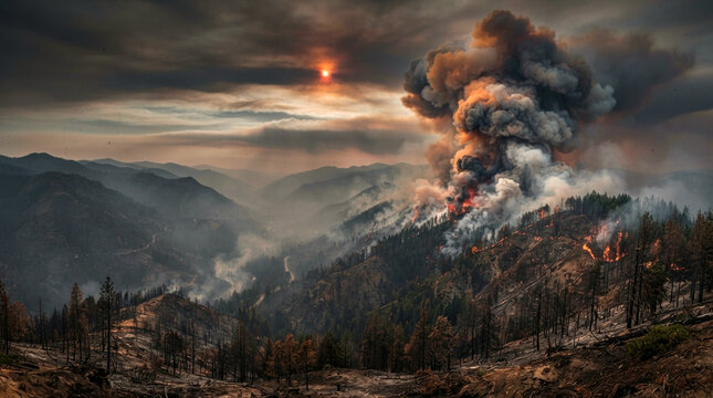 Wildfire smoke plume over pine forest with ash haze, dimmed sun, scorched ground, and particulate pollution spreading across valleys