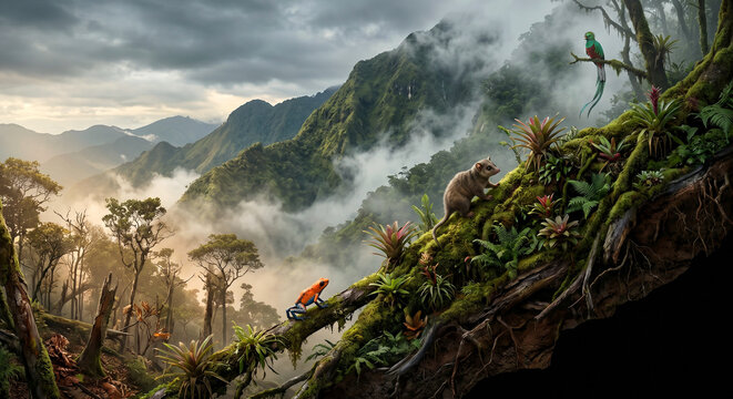 Tropical mountain cloud forest with frog, arboreal mammal, and bird retreating upslope under warming pressure