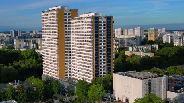 Marzahn district block high rise residential buildings Magic aerial view drone
