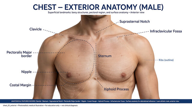 The image shows the surface anatomy of a male chest (anterior view) on a model with prominent muscles.