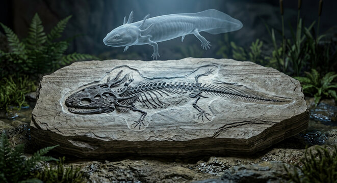 Ancient salamander fossil in limestone with skull bones, gill arches, sediment layers, and a hovering life reconstruction.
