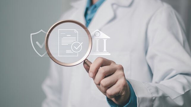 Medical coverage, financial protection, risk management, and security. Healthcare insurance and financial security concept showing a doctor with a digital shield and banking symbol.