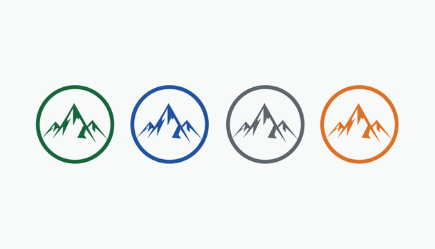 Set of four mountain peak logos inside circular frames styled in green, blue, dark grey, and orange colorways.