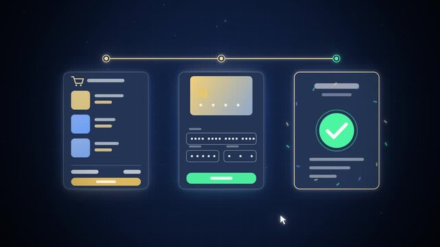 Online checkout with cart card form and payment success on dark blue