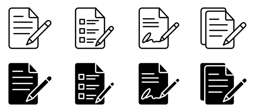 Document editing icons with pencil for writing, forms, notes, paperwork, business, education, and office designs.
