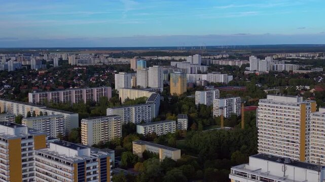 Solar panels on a prefabricated building in Marzahn. Great aerial view drone
