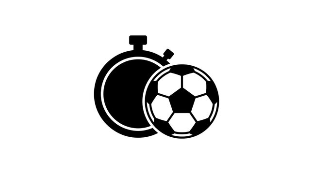 Soccer ball and stopwatch icon representing match timing on white