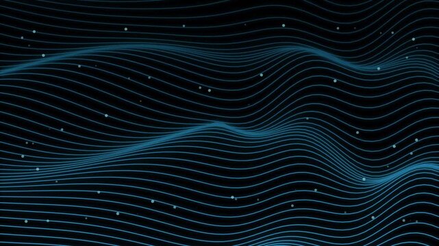 Abstract blue topographic line waves flowing across dark space
