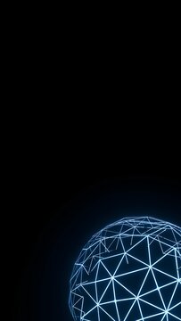 Internet security and data protection concept. Cybersecurity air gapped protection with glowing blue wireframe geodesic sphere. Minimalist mesh on dark background. Mobile LP background