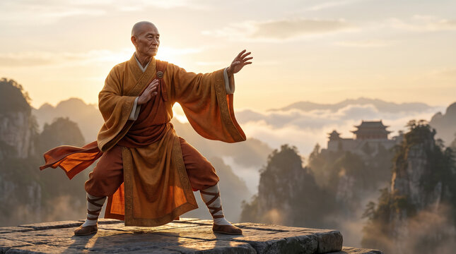 Shaolin monk performing kung fu martial arts pose on a mountain peak