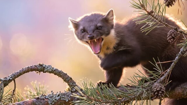 pine marten close up at morning light in scotland video