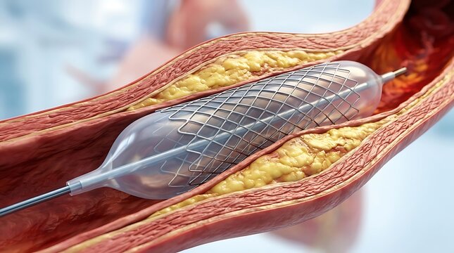 Medical Illustration of a Stent Deployment and Balloon Angioplasty Procedure in a Clogged Artery