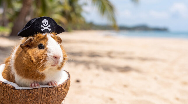 Halloween pet in spooky adorable costume on tropical beach with charming guinea pig